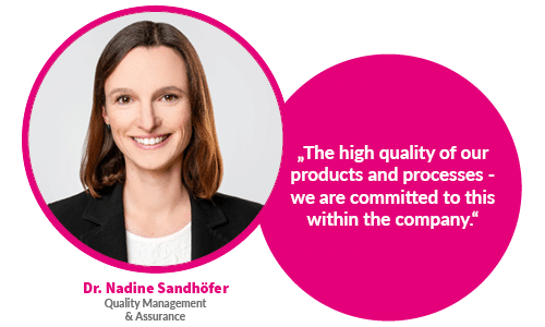 A woman who works as a quality manager with a quote about her work at MEDTRON AG